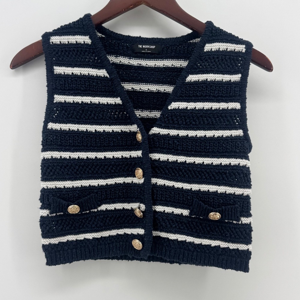 The Workshop Navy White Striped Knit Vest Gold Crest Button Cropped‎ TW1752 S